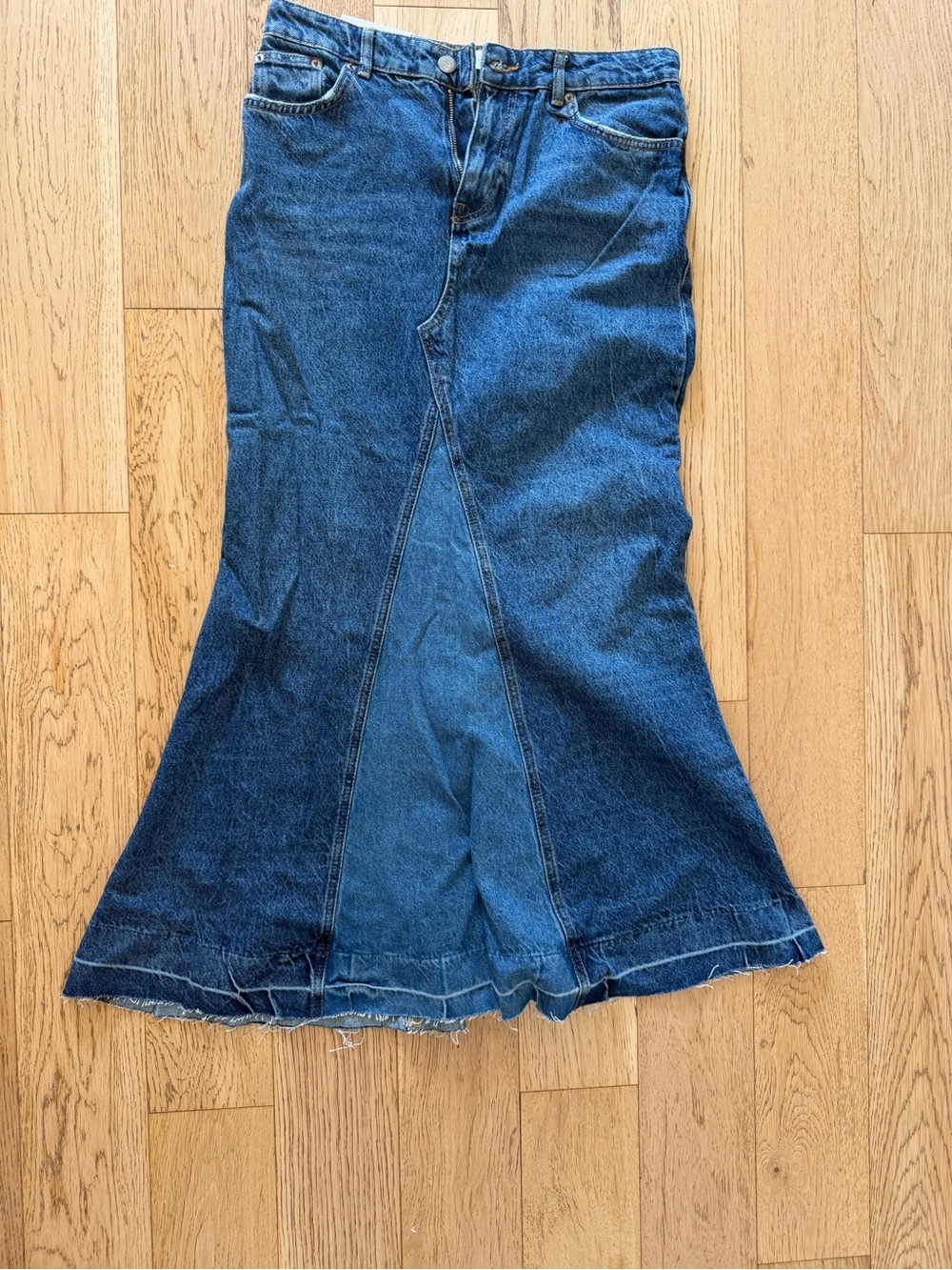 Zara Two-Tone Blue Denim Midi Skirt
